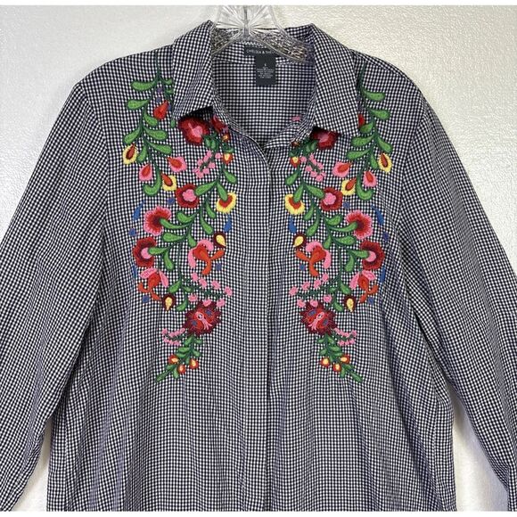 Chelsea & Theodore Top Womens Sz S Blue Check‎ Roll Tab sleeve Boho Embroidered - Picture 1 of 10